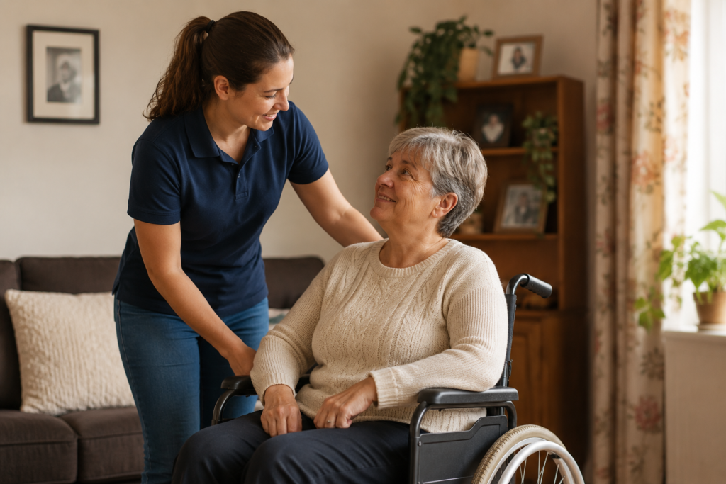 A caring support worker helping a person in a wheelchair at home, warm lighting, professional photo style