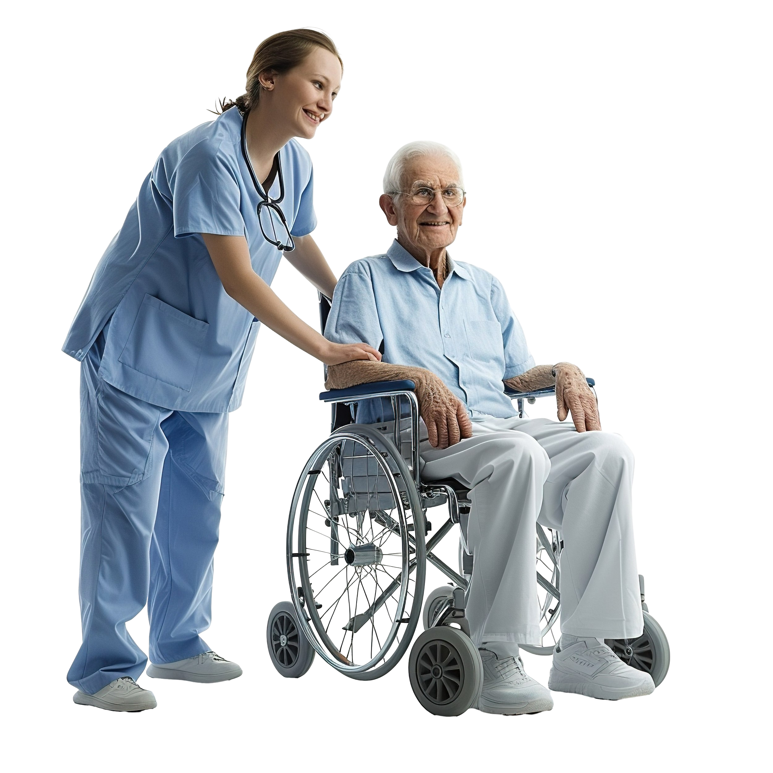 care home nurse taking care of a elderly man on wheel chair